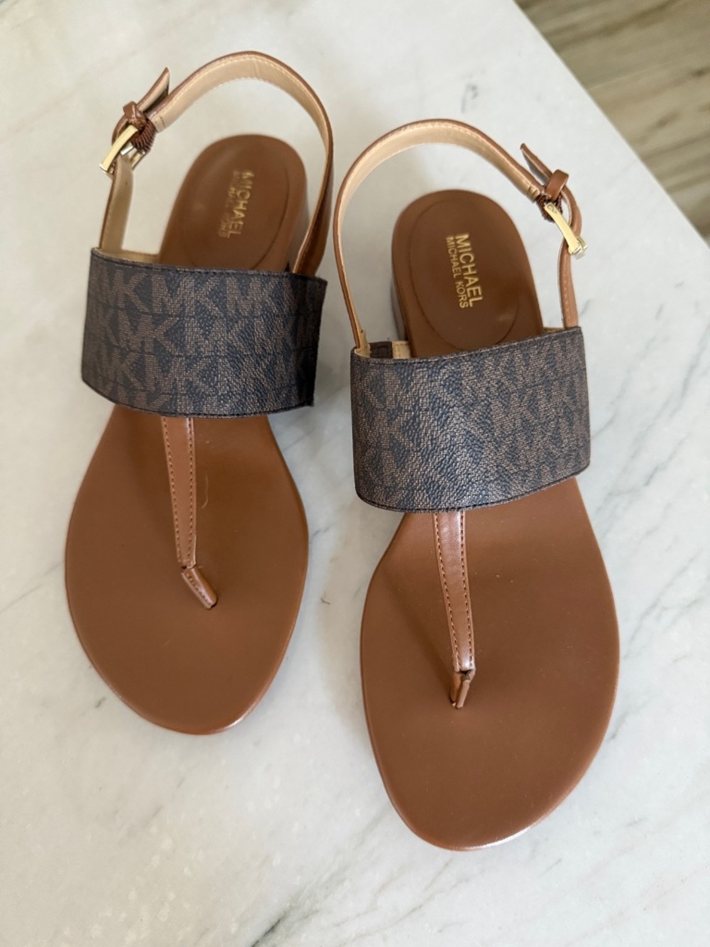Michael Kors Brown & Dark Brown Logo Band T-Strap Sandals